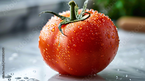 A closeup of a single ripe tomato on a white background, showcasing its juicy texture and shiny skin with droplets of water for a fresh and natural look