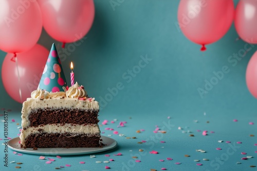 Delightful Birthday Celebration With a Colorful Cake and Pink Balloons
