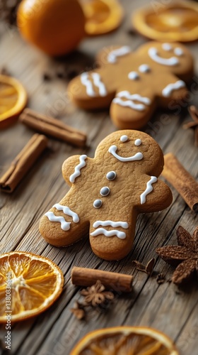 Gingerbread Cookies Decorated With Icing and Spices on Wooden Surface During ...