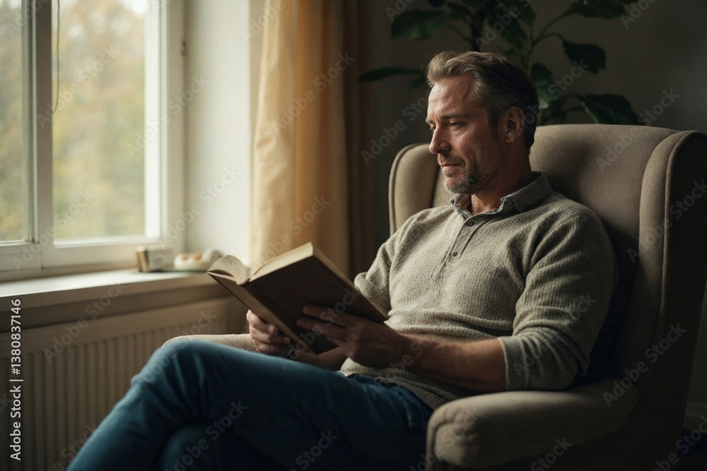 Unplug and Unwind with a Good Book: A Man Enjoying Reading in a Comfortable Chair by the Window for Digital Detox and Mental Relaxation Unplug and Unwind with a Good Book: A Man Enjoying Reading in a Comfortable Chair by the Window for Digital Detox and Mental Relaxation