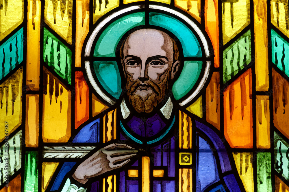 Naklejka premium Stained glass of St. Francis de Sales or Saint François de Sales. Founder of the Order of the Visitation of Holy Mary (Visitandines).