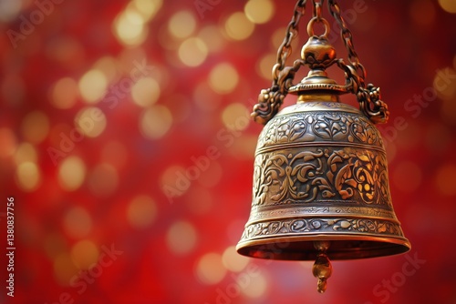 Bronze Decorative Bell Hanging Amidst Vibrant Red Flowers During a Festive Ce...