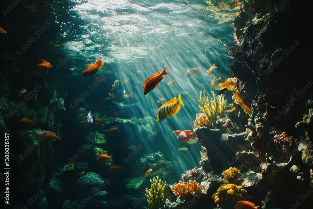 Naklejka premium Vibrant Tropical Fish Reef Aquarium Underwater Scene Colorful Ocean Life Sea Coral World Image 