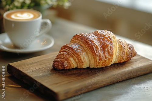 Croissant Served on Wooden Board With Latte in a Cozy Cafe Atmosphere