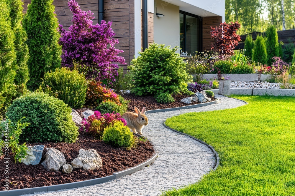 Fototapeta premium Beautiful Garden Landscape with Flowers and a Rabbit in Springtime
