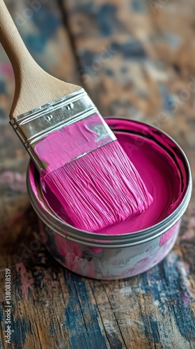 Bright Pink Paint in a Can With a Brush Resting on Wooden Surface
