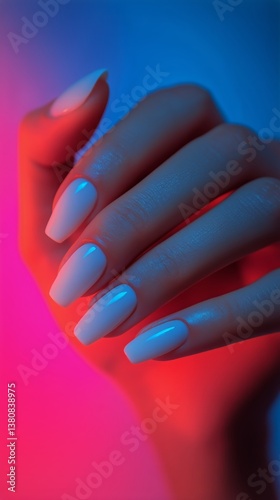 Stylish Hand With Glossy Light Blue Nail Polish Against Vibrant Pink and Blue...