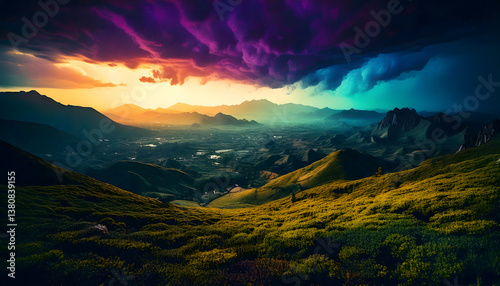 Majestic Sunset Over Rolling Hills with Dramatic Storm Clouds

