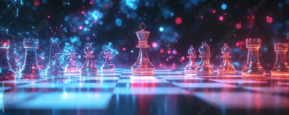 Fototapeta premium Glowing chess pieces on board