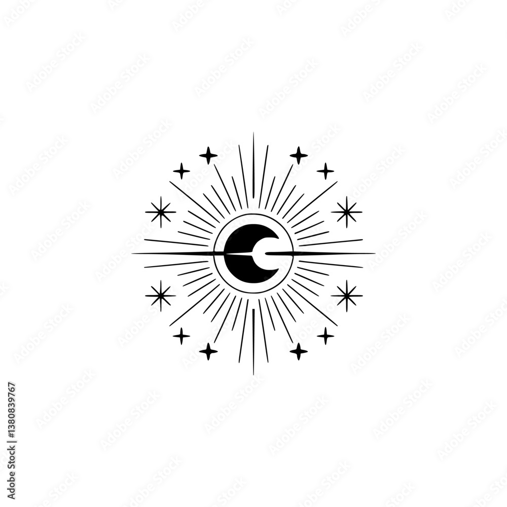 Celestial Emblem: Moon, Stars, Sunburst, Minimalist Design Celestial Emblem: Moon, Stars, Sunburst, Minimalist Design