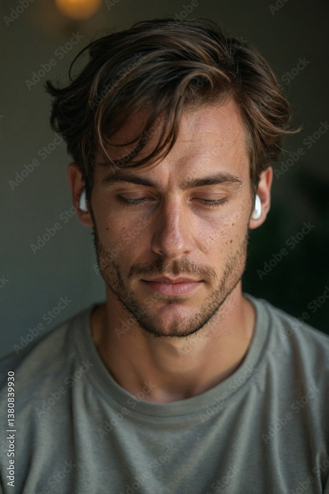 Calm and Introspective Moment: Young Man with Closed Eyes Wearing Earbuds, Finding Peace and Quiet in a Busy World Calm and Introspective Moment: Young Man with Closed Eyes Wearing Earbuds, Finding Peace and Quiet in a Busy World