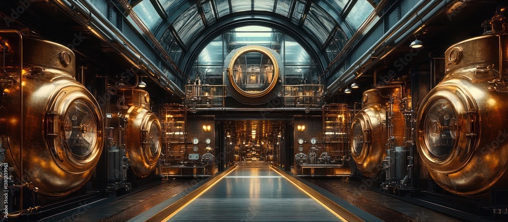Fototapeta premium Steampunk Engine Room Corridor, Industrial Interior