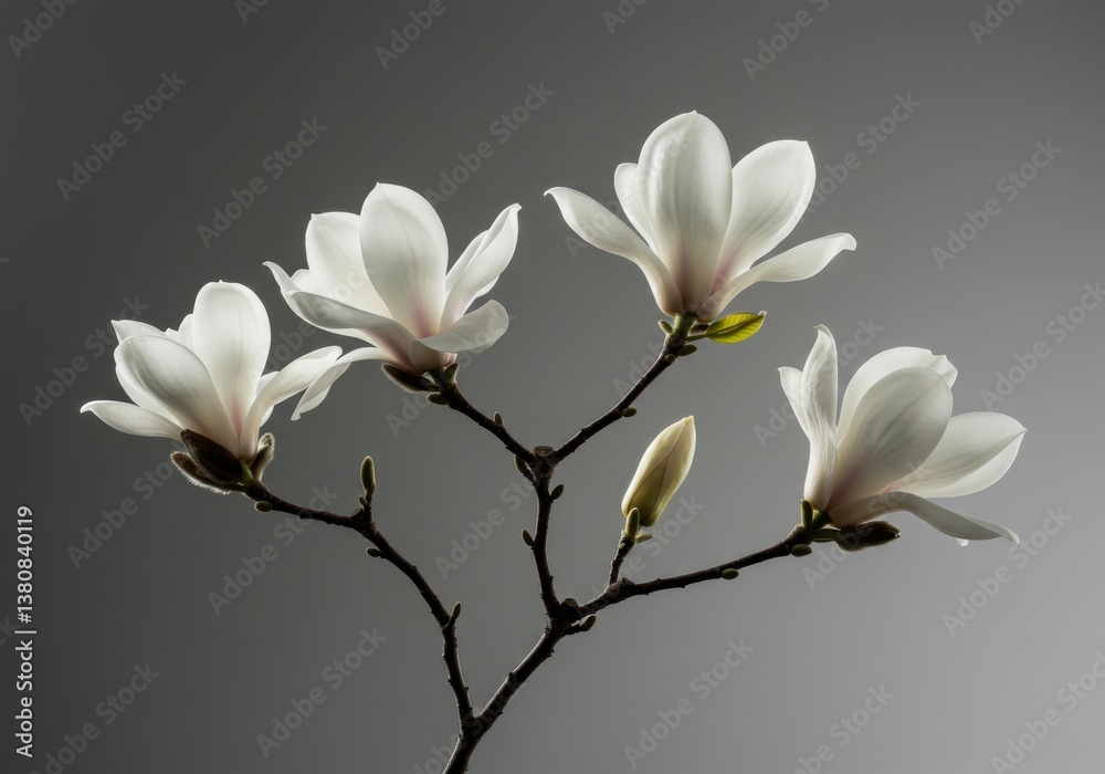 Obraz premium A delicate magnolia branch with several open blossoms against a gray studio backdrop setting
