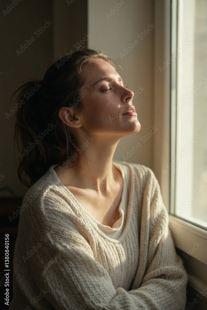 Cozy Indoor Scene: Peaceful Woman with Eyes Closed Wearing a Soft Sweater, Enjoying a Moment of Rest and Tranquility by the Window Cozy Indoor Scene: Peaceful Woman with Eyes Closed Wearing a Soft Sweater, Enjoying a Moment of Rest and Tranquility by the Window