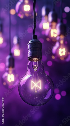 Hanging Vintage Light Bulbs Casting a Warm Glow in a Purple Illuminated Setting