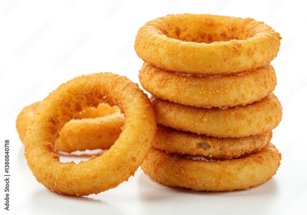 A stack of crispy golden onion rings on a white background, ready to be enjoyed as a tasty treat A stack of crispy golden onion rings on a white background, ready to be enjoyed as a tasty treat