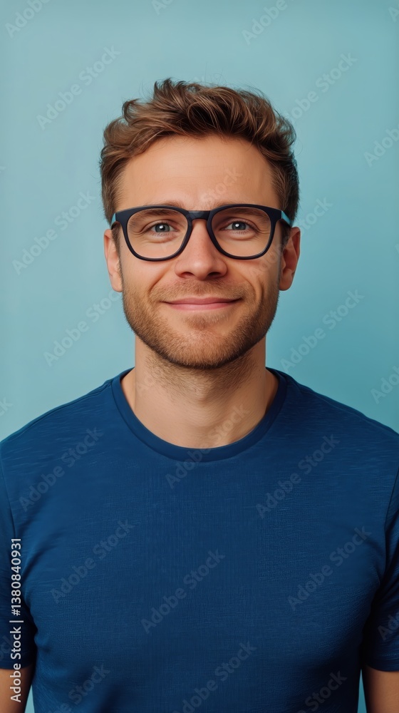 Young Man With Glasses Smiling Against a Light Blue Background in a Casual Setting Young Man With Glasses Smiling Against a Light Blue Background in a Casual Setting