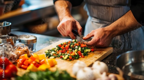 A chef preparing a zero-waste meal using every part of the ingredients, reducing food waste,