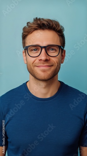 Young Man With Glasses Smiling Against a Light Blue Background in a Casual Se...
