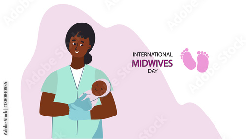 Woman Midwife with Baby. International Midwives Day celebration. Healthcare professional holding newborn, motherhood and pediatric care for greeting card. 