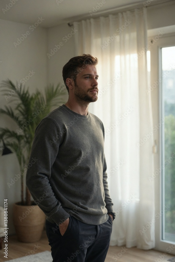 Serene Young Man Enjoying a Quiet Moment in His Modern Apartment, Looking Outward with a Peaceful Expression Serene Young Man Enjoying a Quiet Moment in His Modern Apartment, Looking Outward with a Peaceful Expression