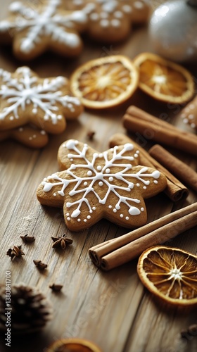 Gingerbread Cookies Decorated With Icing and Spices on Wooden Surface During ...
