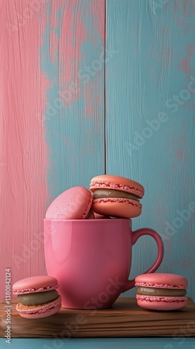 Decorative Pink Macarons in a Pink Cup on a Colorful Wooden Background