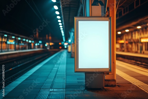Nighttime View of a Quiet Train Station With an Empty Advertisement Board