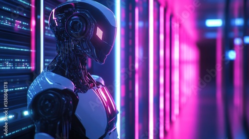 A futuristic robotic figure with a digital photo