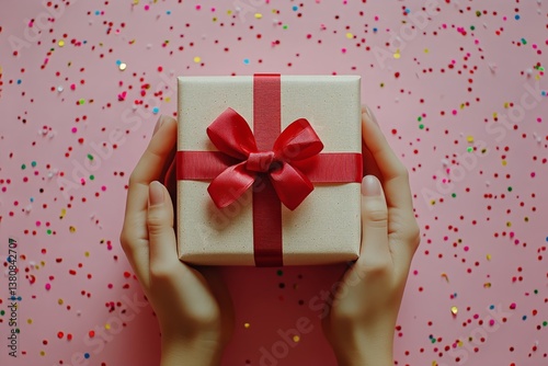 Hands Holding a Gift Box Wrapped in Brown Paper With Red Ribbon and Confetti ...