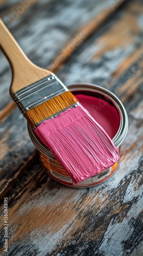 Bright Pink Paint in a Can With a Brush Resting on Wooden Surface