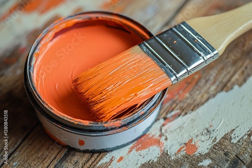 Brush Applying Vibrant Orange Paint From a Metal Can on Wooden Surface