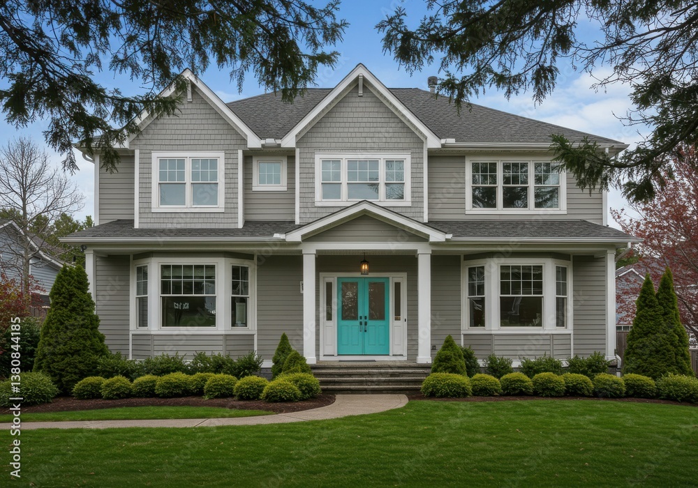 A gray two story house with a turquoise door and a green lawn on a sunny day in the suburbs