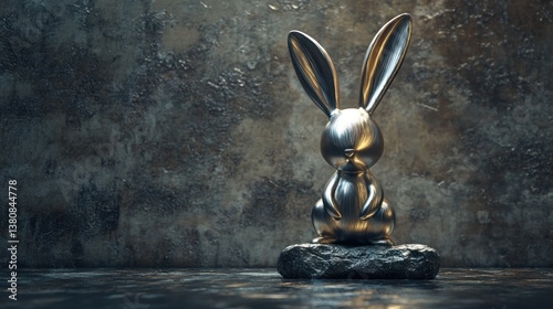 Metal Rabbit Figurine on Stone Pedestal with Textured Background