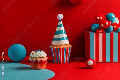 Colorful Birthday Celebration With Festive Decorations and Cupcakes in a Vibr...
