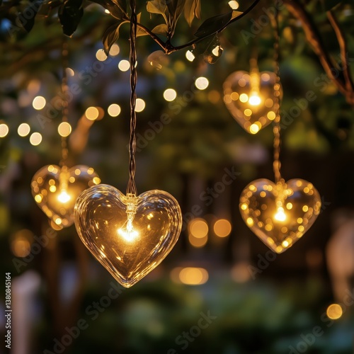 Heart-shaped Lanterns Illuminate a Cozy Outdoor Gathering Space at Night