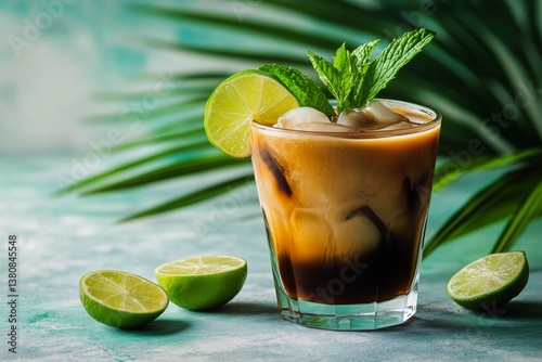 Refreshing Iced Coffee Drink With Lime and Mint on a Tropical Background