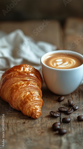 Warm Coffee and Flaky Croissant on Wooden Table During Morning Hours