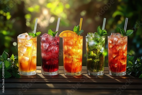 Colorful Tropical Cocktails Arranged on Wooden Table in Lush Garden Setting D...