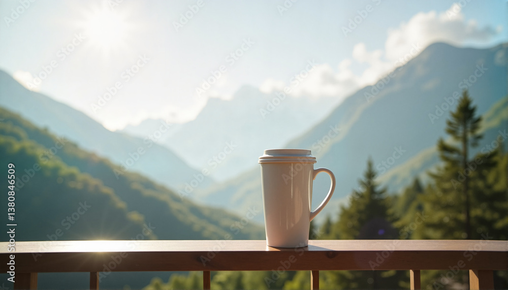 Obraz premium Coffee cup on wooden railing overlooking mountain scenery for blogs, websites, travel designs, nature themes, outdoor lifestyle inspiration, and relaxation-related content