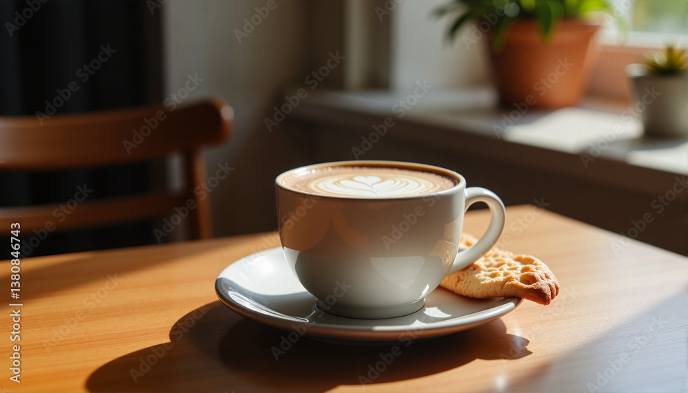 Coffee cup with latte art and cookie on a wooden table for blogs, websites, café menus, food photography, dessert recipes, and beverage-themed projects