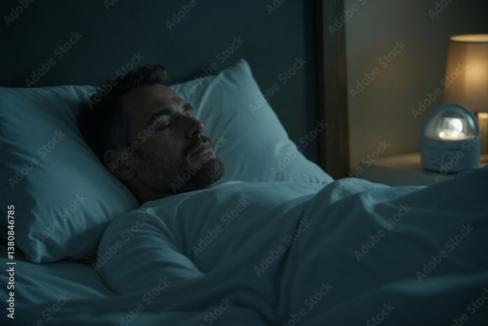 Fototapeta premium Nighttime Routine for Healthy Sleep: A Man Resting Peacefully in Bed, Ideal for Sleep Aid and Relaxation Product Advertisements