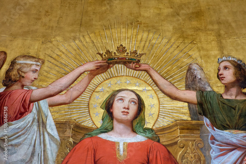 Painting (19th century) of Coronation of the Virgin Mary, Mother of God, in heaven by angels.