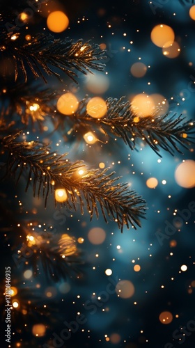 Glowing Lights on Branches Amidst Gently Falling Snow in a Winter Wonderland
