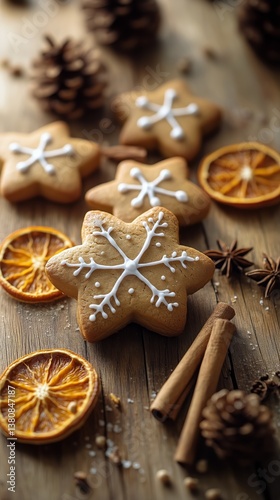 Gingerbread Cookies Decorated With Icing and Spices on Wooden Surface During ...