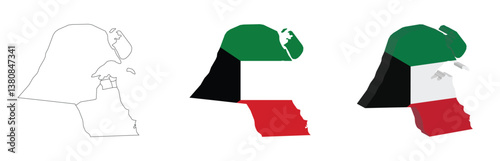 Kuwait outline, fill with flag and 3d map
