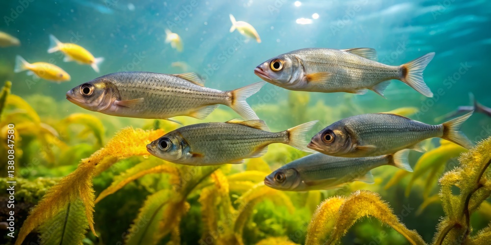 Naklejka premium Underwater Scene with School of Fish Swimming Among Green Plants