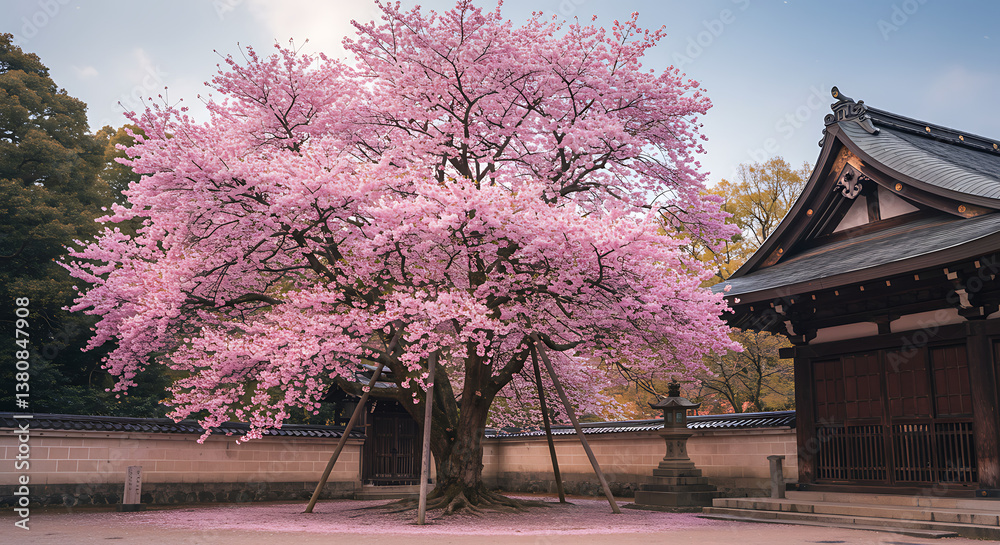 Majestic Pink Cherry Blossom Tree in Full Bloom at a Japanese Temple Majestic Pink Cherry Blossom Tree in Full Bloom at a Japanese Temple