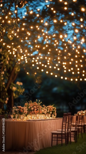 Elegant Garden Dinner Party With String Lights and Floral Arrangements During...