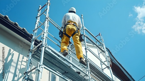 A construction worker in safety gear stands atop a tall scaffolding platform while working on a house exterior renovation project. photo